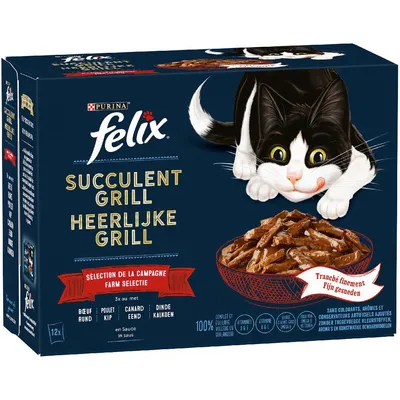 Purina Felix Succulent Grill, výběr kampaně, jemně krájené. Příchutě: hovězí, kuře, kachna, krůta. Bez barviv, umělých aromat a konzervantů.