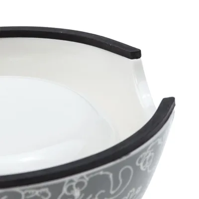 Grey feeding bowl with black non-slip rim and white interior, decorated with cat motifs.