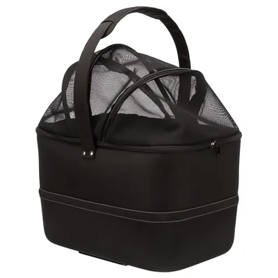 Panier de transport noir avec poignée et dessus en maille zippée, structure rigide, coutures visibles, sans marque apparente.