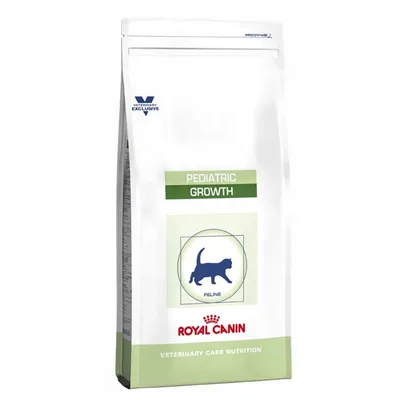 Pachet Royal Canin Pediatric Growth Feline, Veterinary Care Nutrition, cu siluetă de pisică și text vizibil: VETERINARY EXCLUSIVE, PEDIATRIC GROWTH, FELINE, ROYAL CANIN.
