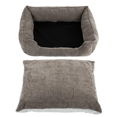 Graues rechteckiges Haustierbett mit herausnehmbarem Kissen, beide aus weichem Stoff. Bett und Kissen separat dargestellt.
