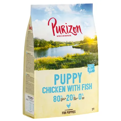 Purizon Puppy Chicken with Fish, 80 % volaille/poisson/œuf, 20 % fruits/légumes/herbes, 0 % céréales ajoutées, 41 % protéines, sac de 1 kg, pour chiots. Texte en anglais.