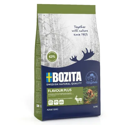Bozita Flavour Plus суха храна за кучета, 3,5 кг. 63% животински протеин, 23% протеин, 12% мазнини, без ГМО. Текст на английски: Together with nature since 1903.