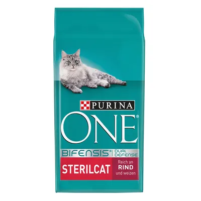 Purina ONE Sterilcat Bifensis Dual Defense, богата на говеждо и пшеница. Опаковка с изображение на сива котка.