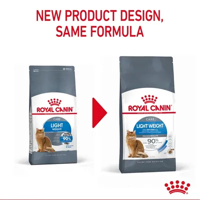 Image shows new product packaging design for Royal Canin Light Weight Care with the same formula, highlighting a change in appearance but not ingredients.