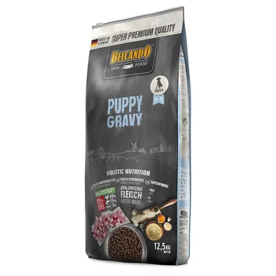 Sac de croquettes Belcando Dog Food Puppy Gravy XG–XL, 12,5 kg, 30 % frisches Fleisch, superfoods, made in Germany, images de viande, œuf, riz et croquettes visibles sur l’emballage.