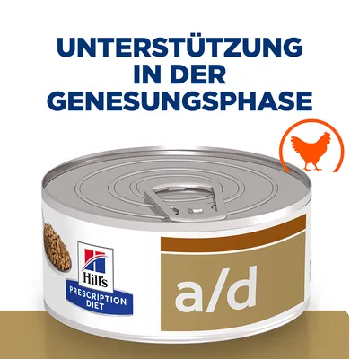 Консерва Hill's Prescription Diet a/d, текст на немецком: UNTERSTÜTZUNG IN DER GENESUNGSPHASE, изображение курицы