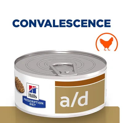 Boîte Hill's Prescription Diet a/d, mention « CONVALESCENCE », pictogramme poulet orange visible sur l’image. Boîte Hill's Prescription Diet a/d, mention « CONVALESCENCE », pictogramme poulet orange visible sur l’image.