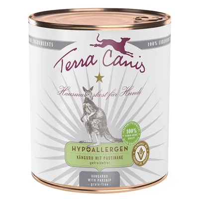 Boîte Terra Canis Hausmannskost für Hunde, Hypoallergen, kangourou avec panais, sans céréales, 100 % qualité alimentaire humaine, texte en allemand et anglais visible sur l’étiquette.