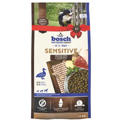 bosch High Premium Concept Sensitive hundefoder, friske ente & kartoffel, 21,5 % protein, 12,5 % fedt, opskrift uden korn, muschelextrakt für knochen & gelenke, 1,0 kg