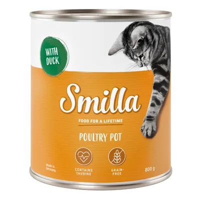 Lata de comida para gatos Smilla Poultry Pot, com texto visível: With Duck, Food for a Lifetime, Contains Taurine, Grain-Free, 800 g, Made in Germany. Imagem de um gato na embalagem.