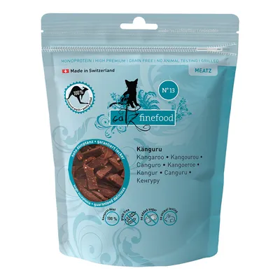 Catz Finefood Meatz Nr. 13, кенгуру, монопротеин, высокое качество, без зерна, без тестирования на животных, произведено в Швейцарии, упаковка с застежкой.