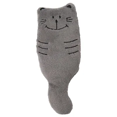 Grey plush toy in the shape of a cat with embroidered face and whiskers.
