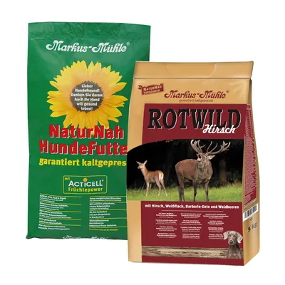 Markus-Mühle NaturNah Hundefutter, garantiert kaltgepresst, mit ActiCell Früchtepower. Rotwild Hirsch mit Hirsch, Weissfisch, Barbarie-Ente und Waldbeeren, 5kg Packung.