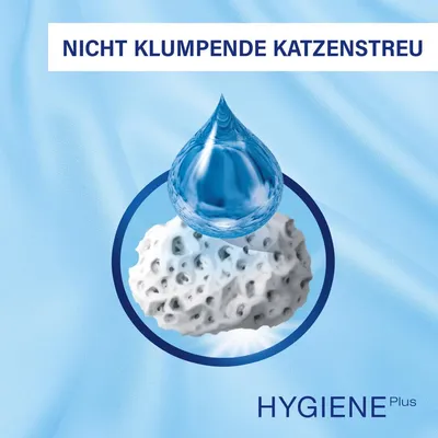 Nicht klumpende Katzenstreu mit Hygiene Plus. Darstellung einer Wassertröpfchen-Absorption durch poröses Material.