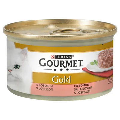 Purina Gourmet Gold cat food, salmon variety, in a golden tin with a white cat and served food on a plate shown.