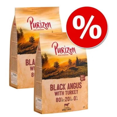 Purizon Black Angus with Turkey, adult dogs. 80% meat content, 20% vegetables, 0% grain. Offer with red percent sign.