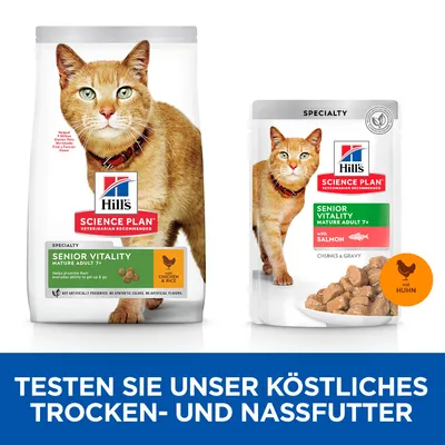 Hill's Science Plan Senior Vitality Trockenfutter mit Huhn und Reis sowie Nassfutter mit Lachs für Katzen ab 7 Jahren. Testen Sie unser köstliches Trocken- und Nassfutter.