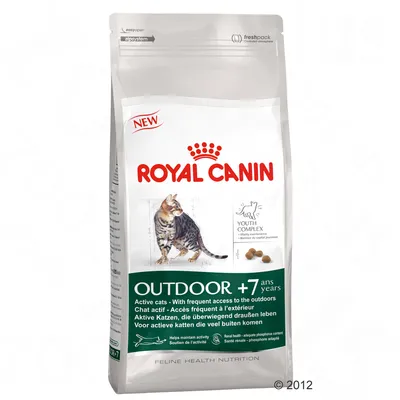 Saco de pienso Royal Canin Outdoor +7 años para gatos, texto visible: Youth Complex, ayuda a mantener la actividad, control renal, acceso frecuente al exterior. Imagen de un gato.