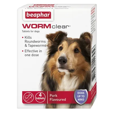 WORMclear tablets for dogs, kills roundworms and tapeworms, effective in one dose, pork flavoured, 4 tablets, suitable for dogs up to 40kg.