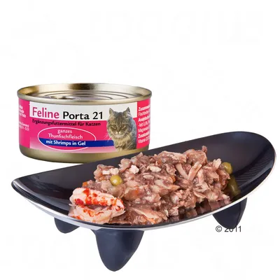Feline Porta 21, boîte pour chat, thon entier avec crevettes en gel. Texte visible : Ergänzungsfuttermittel für Katzen, ganzes Thunfischfleisch mit Shrimps in Gel.