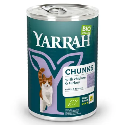Yarrah Bio Organic Chunks met kip en kalkoen, brandnetel en tomaat. EU-bio-logo, Beter Leven 3 sterren. Yarrah Bio Organic Chunks met kip en kalkoen, brandnetel en tomaat. EU-bio-logo, Beter Leven 3 sterren.