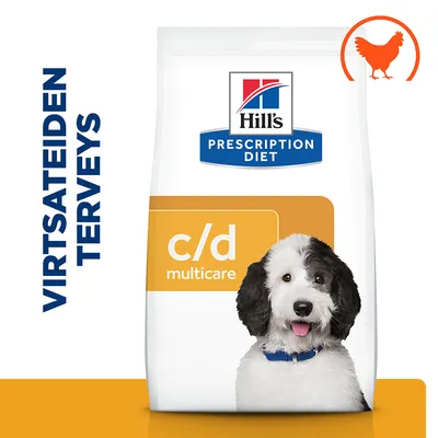 Hill's Prescription Diet c/d multicare -koiranruokapakkaus, teksti 'Virtsateiden terveys', kanan siluetti, koira etiketissä