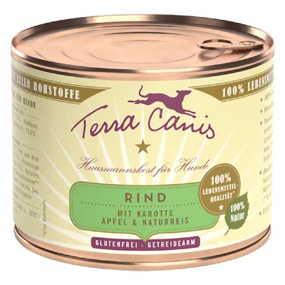 Boîte Terra Canis Rind mit Karotte Apfel & Naturreis, 100 % Lebensmittel-Qualität, 100 % Natur, glutenfrei, getreidearm. Texte en allemand visibles sur l’étiquette.