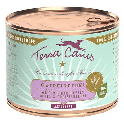Terra Canis Hausmannskost für Hunde, getreidefrei, wild met aardappel, appel & veenbessen, 100% natuur, lactosevrij. Tekst op blik deels in het Duits.