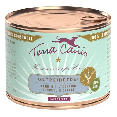 Blik Terra Canis hondenvoer, opschrift: 'Getreidefrei', 'Pferd mit Steckrübe, Fenchel & Salbei', 'Laktosefrei', '100% Natur', merknaam en Duitse tekst zichtbaar op etiket.