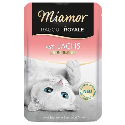 Miamor Ragout Royale con salmone in gelatina. Senza soia, senza zuccheri aggiunti. Novità: pezzi più fini con taurina.