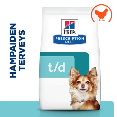Hill's Prescription Diet t/d -koiranruokapakkaus, teksti 'HAMPAIDEN TERVEYS', kanan symboli näkyvissä