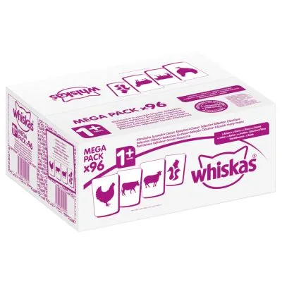 Balení Whiskas MEGA PACK x96, 1+ let. Obrázky kuře, hovězí, jehněčí, králík. Fialový nápis whiskas na bílé krabici.