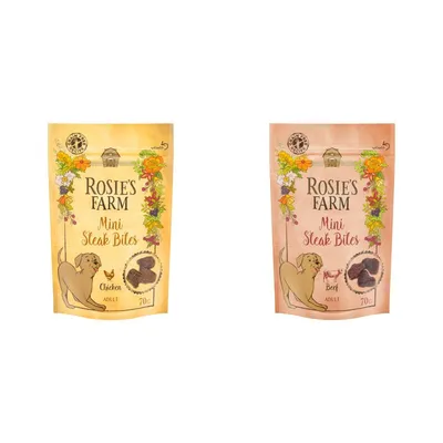 Rosie's Farm Mini Steak Bites, Geschmacksrichtungen Chicken und Beef, für erwachsene Hunde, 70g Packungen.