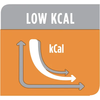 Графика с надпис 'LOW KCAL' и стрелки, показващи намаляващи калории. Текст в графиката: 'kCal'.