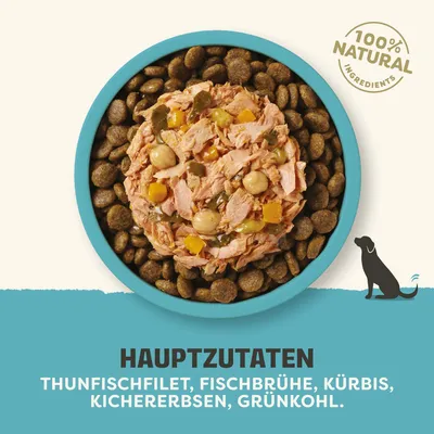 100 % naturel. Ingrédients principaux : filet de thon, bouillon de poisson, potiron, pois chiches, chou frisé.