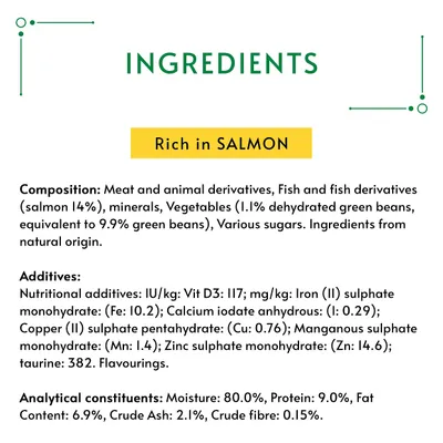 Текст на английском: INGREDIENTS, Rich in SALMON. Состав, добавки и аналитические компоненты указаны подробно, включая влажность 80 %, белок 9 %, жир 6,9 %, зола 2,1 %, клетчатка 0,15 %.