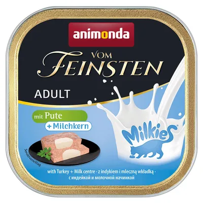 Animonda Vom Feinsten Adult mit Pute und Milchkern, Serviervorschlag. Milkies-Logo sichtbar.