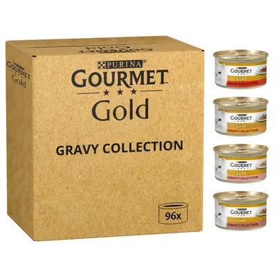Purina Gourmet Gold Gravy Collection box, 96 tins shown. Four different Purina Gourmet Gold Gravy Collection cat food tins displayed on the right side.