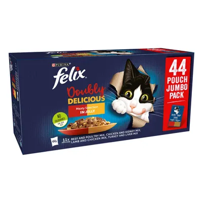 Felix Doubly Delicious Meaty Selection in Jelly, 44 pouch jumbo pack. No colourants. Includes beef and poultry mix, chicken and kidney mix, lamb and chicken mix, turkey and liver mix.