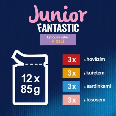 Junior Fantastic Lahodný výběr v želé, 12×85 g: 3× s hovězím, 3× s kuřetem, 3× s sardinkami, 3× s lososem