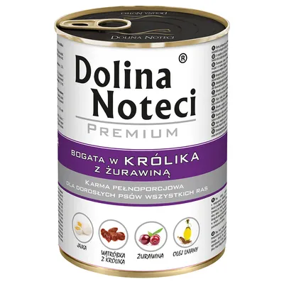Dolina Noteci Premium. Fuldfoder med kanin og tranebær til voksne hunde af alle racer. Ingredienser: æg, kaninlever, tranebær, hørfrøolie.