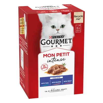 Gourmet Mon Petit Intense fine cuts with tuna, salmon and trout in sauce, 6 x 50g packs. Recycle me label visible. Satisfaction guaranteed text on side.