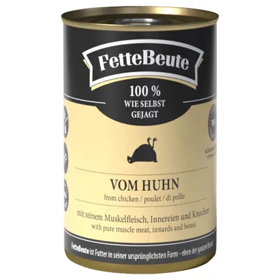 FetteBeute, 100% wie selbst gejagt, vom Huhn. Mit reinem Muskelfleisch, Innereien und Knochen. Futter in seiner ursprünglichsten Form.
