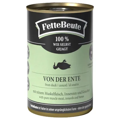 FetteBeute. 100% wie selbst gejagt. Von der Ente, mit reinem Muskelfleisch, Innereien und Knochen.