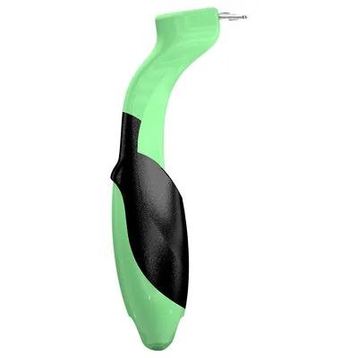 Grünes und schwarzes ergonomisches Werkzeug mit gebogenem Griff und Metallspitze, geeignet für präzise Anwendungen.