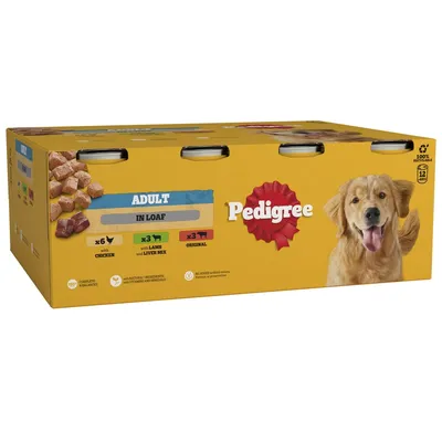 Box showing 12 tins of adult in loaf food: 6 with chicken, 3 with lamb and liver mix, 3 original. Complete and balanced, no added artificial colours or flavours.