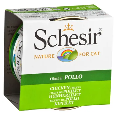 Schesir Nature for Cat, Filetti di Pollo. Пилешки филета за котки, видими надписи на английски, френски, немски, испански и нидерландски език.