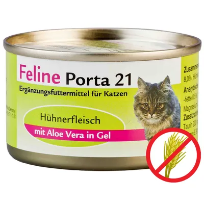 Feline Porta 21, doplnkové krmivo pre mačky, Hühnerfleisch mit Aloe Vera in Gel. Symbol bez obilnín. Text v nemčine.
