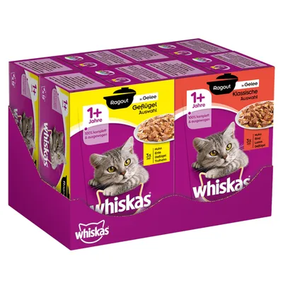 Balení kapsiček Whiskas Ragout in Gelee pro kočky 1+ Jahre, výběr Geflügel a Klassische Auswahl. Viditelné texty: Huhn, Ente, Geflügel, Truthahn, Rind, Lamm.